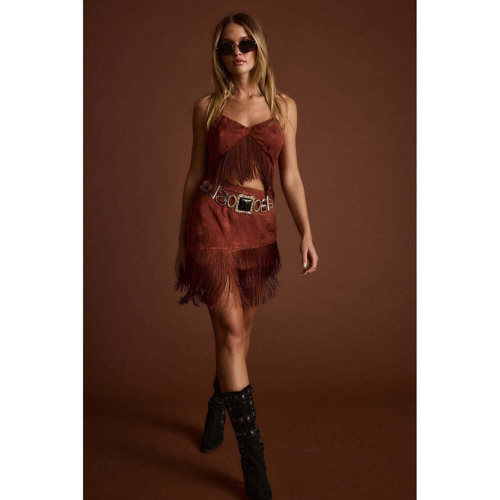 12th Tribe Tamsin Terracotta Jacquard Fringe Mini Skirt Size MM